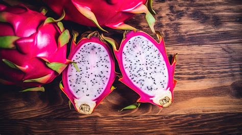 Pitaya Slice Organic Fruit On Wooden Background A Closer Look At Dragon ...