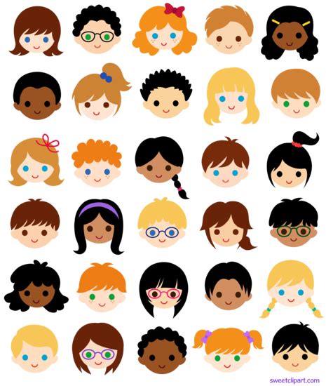 30 Kids Faces in School Classroom - Free Clip Art