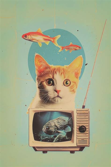 Cat TV fish animal mammal. | Premium Photo Illustration - rawpixel