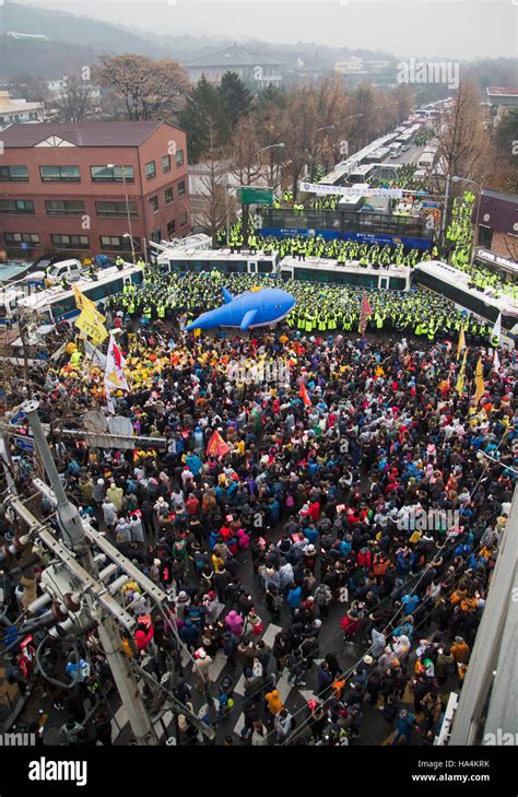 South Korea Politics, Nov 26, 2016 : Policemen stand guard as people ...