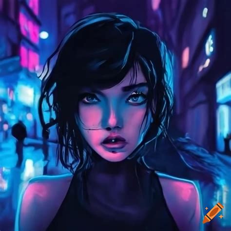 Neon-lit cityscape with a russian girl with black hair on Craiyon