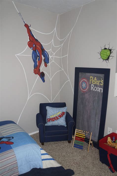 Pottery Barn Kids Spiderman wall decal. I painted the web behind it and ...