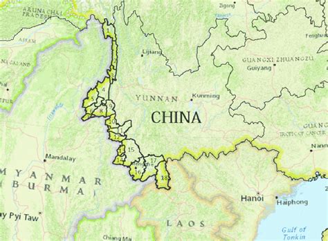 Mapping of 18 counties at the China–Myanmar border. Numbers indicated... | Download Scientific ...