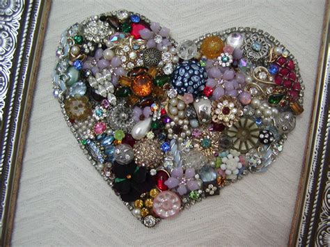 Vintage Framed Heart Shape Collage of Rhinestones and Vintage Jewelry ...