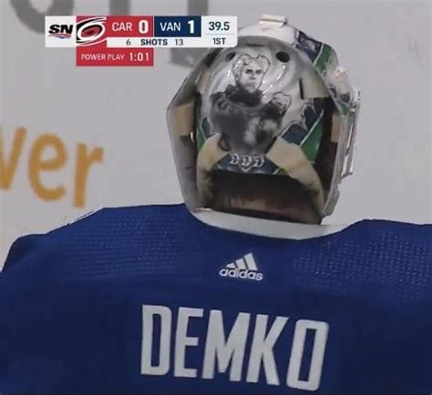 Demko’s new mask. Looks like Mugatu from Zoolander on the back, and ...