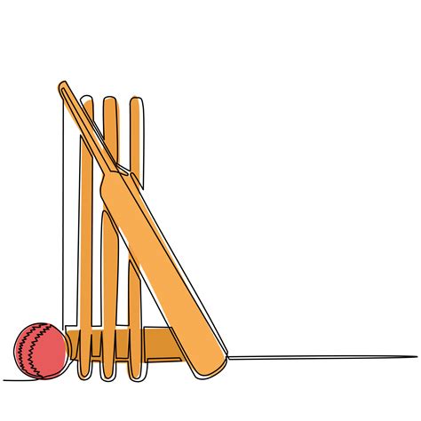 Continuous one line drawing cricket bat, ball, and wicket stumps isolated on white. Set ...