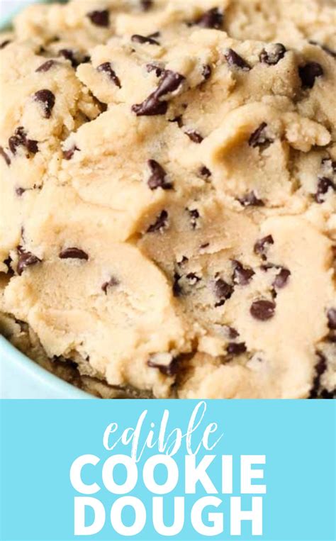 a cookie dough in a blue bowl with the words edible cookie dough on top and bottom