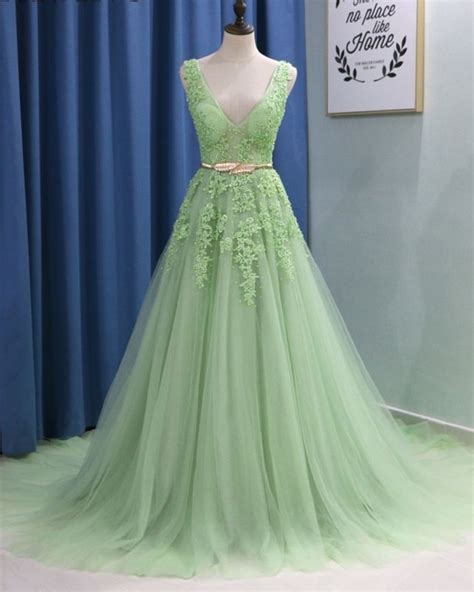 Green Tulle V Neck Long Formal Prom Dress, | DestinyDress | Green formal dresses, Fancy dresses ...