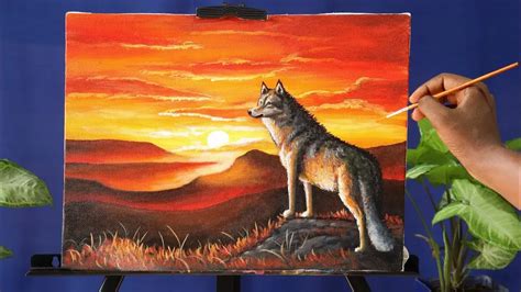 Acrylic painting of Mountain Sunset scenery painting with a jackal ...