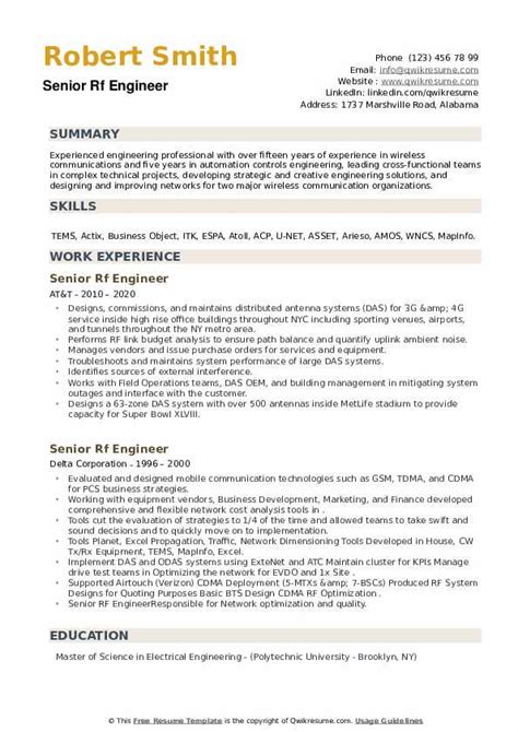 Senior Rf Engineer Resume Samples | QwikResume