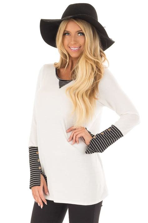 Lime Lush Boutique - Ivory Long Sleeve Top with Black Stripe Contrast ...