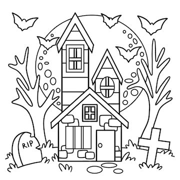 Premium Vector | Haunted house halloween coloring page for kids