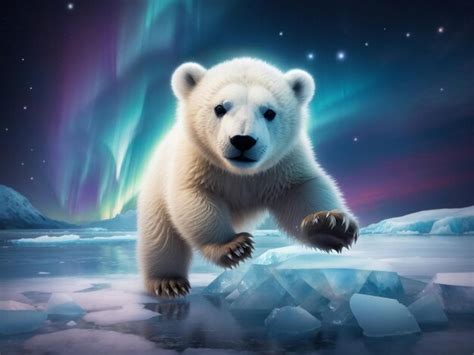 Premium AI Image | a baby polar bear leaps gracefully over patches of ...