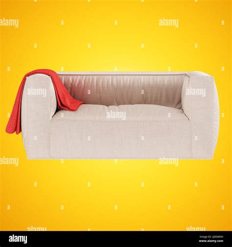 Light beige fabric soft sofa with a cover on the armrest on a yellow background. 3d rendering ...