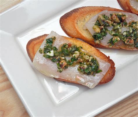 Lardo and Walnut Pesto Crostini Recipe | James Beard Foundation