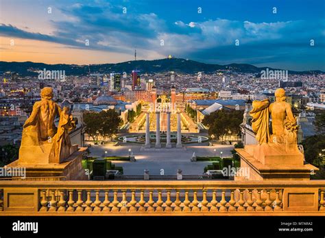 Sunset skyline of Barcelona, Spain Stock Photo - Alamy