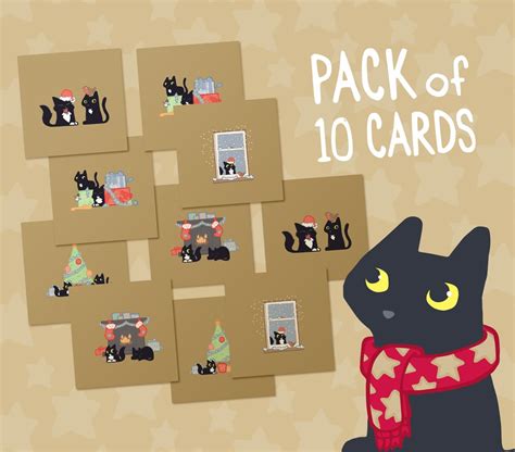 10 Black Cat Christmas Cards, Gold Holiday Card Pack, Ten Funny Cat ...