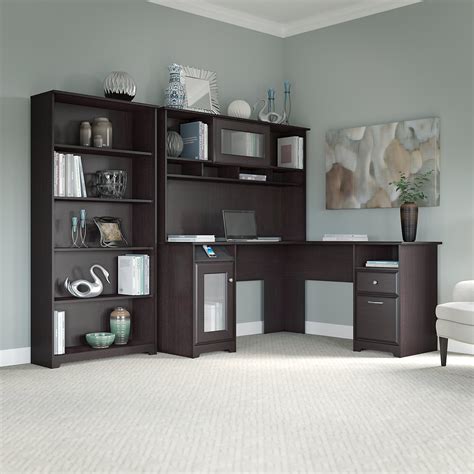 Bush Cabot 60" L-shape Desk With Hutch and 5 Shelf Bookcase in Espresso ...