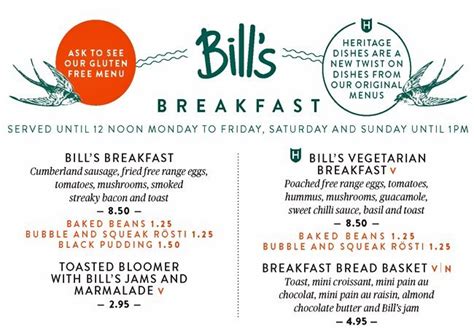 Bill’s UK Menu Prices