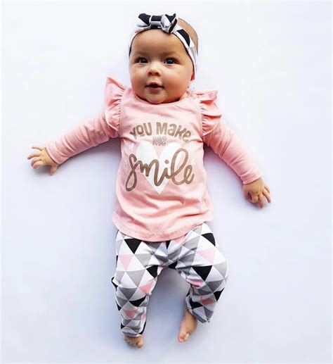 2019 Cute baby girl clothes pink you make smile Long sleeve Top +pant +Headband 3pcs/set baby ...