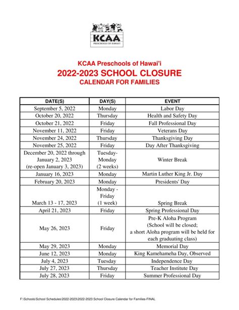 School Calendar - KCAA Preschools