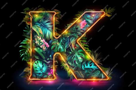 Premium AI Image | A neon letter k with tropical leaves on a black background