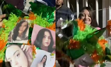 Young people celebrate Christmas posada breaking piñata with photographs of their ex-partners ...