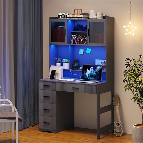 HNEBC LED Study Desk with Hutch and Drawer, Home Office Desk with Outlet, Computer Desk with ...