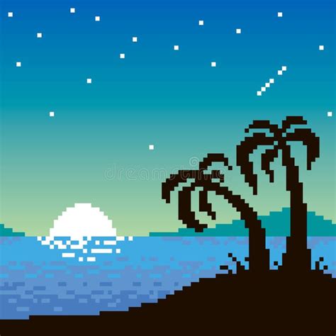 Pixel Art Retro Background Futuristic Landscape 1980S Style Palms Sun ...