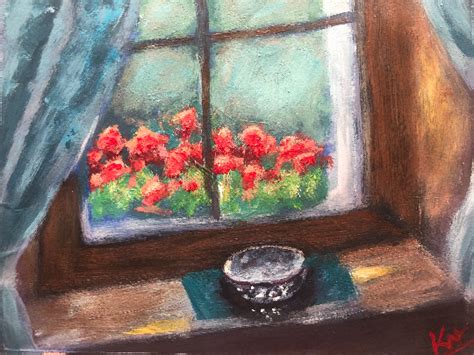 Red floral window sill Painting | Artwork for sale | Kraneil Fine Art