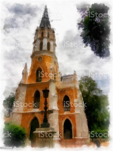 Landscape Of Ancient Church Gothic Architecture Watercolor Style ...