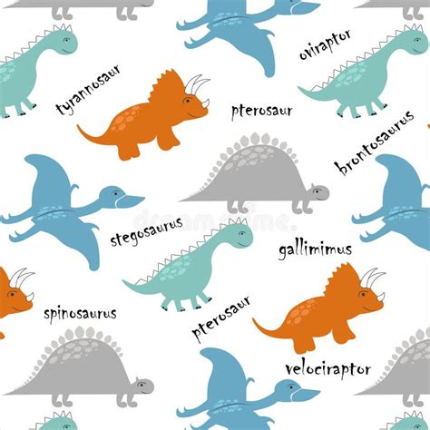 Dinosaurs in Cartoon Style. Seamless Pattern with the Names of Ginosaurs. in Scandinavian Style ...