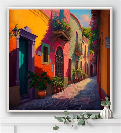 Mexican Village Wall Art, Mexican Painting Print, Modern Colorful Mexican Canvas Art, Guanajuato ...