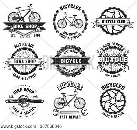 Bike Shop Emblems Set. Monochrome Labels Templates With Bicycles, Wheels And Wrenches. Vector ...