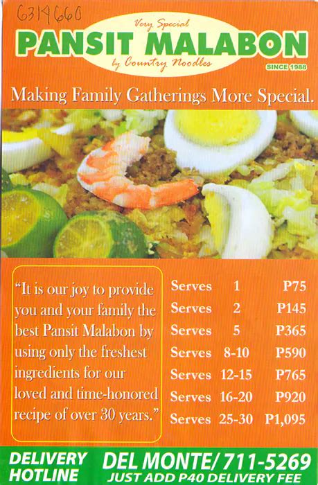 Menu at Country Noodles Pancit Malabon restaurant, Makati