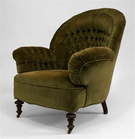 English Victorian "Turkish" style round back easy chair with tufted olive green velvet upholster ...