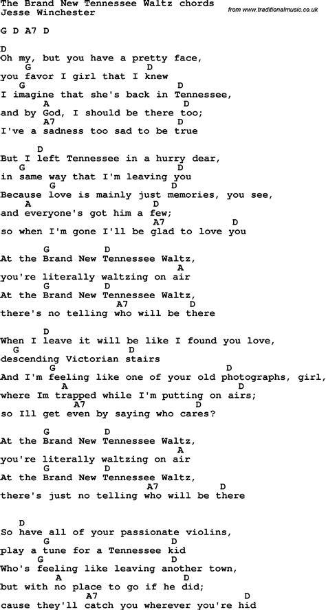 Song lyrics with guitar chords for The Brand New Tennessee Waltz