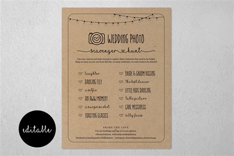 Editable Wedding Photo Scavenger Hunt Template, Printable I Spy Reception Table Game Card ...