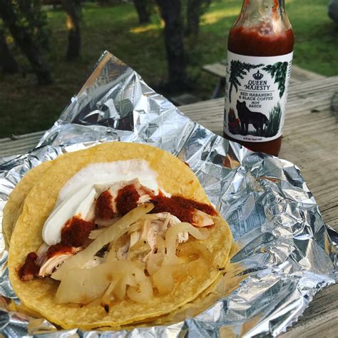 Tacos of pollo al carbon with grilled onions and my new hot sauce crush