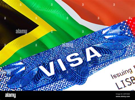 South Africa Visa in passport. USA immigration Visa for South Africa citizens focusing on word ...