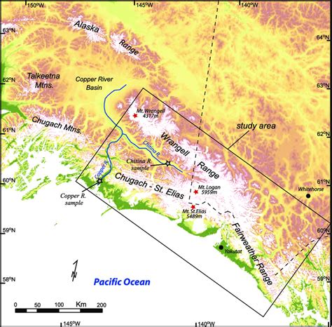 Topographic map with ice coverage of southeast Alaska, highlighting ...