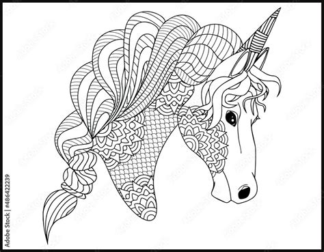 Unicorn Mandala vector and coloring page, doodle stylized unicorn head Stock Vector | Adobe Stock