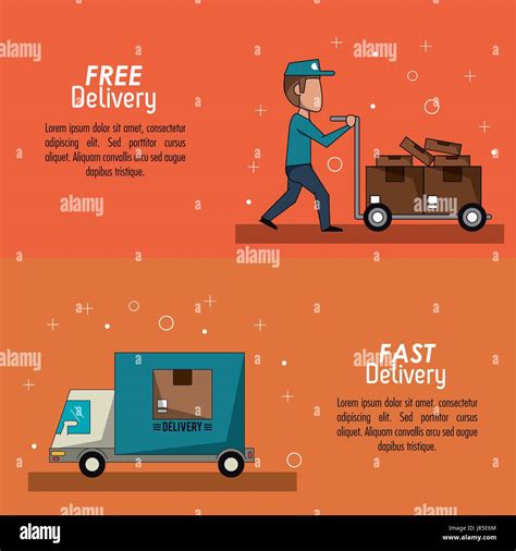 color poster banner scene fast delivery man with hand truck packages and truck Stock Vector ...