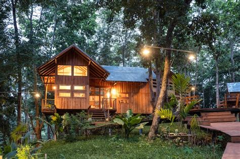 Premium Photo | Architecture wooden house in rainforest