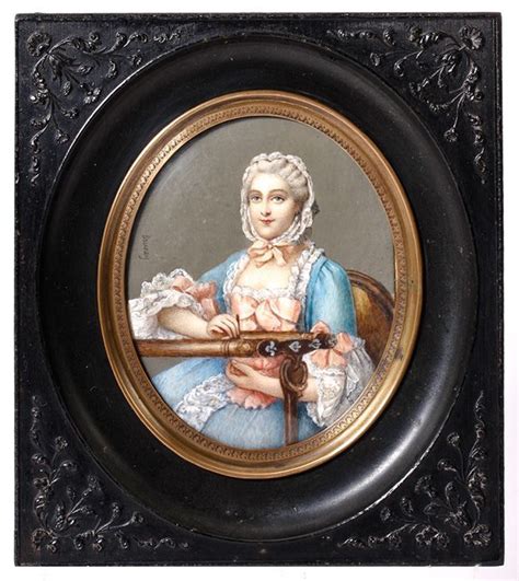 Antique Miniature Painting of French Woman Doing Embroidery with Loom, Gutta Percha Frame ...