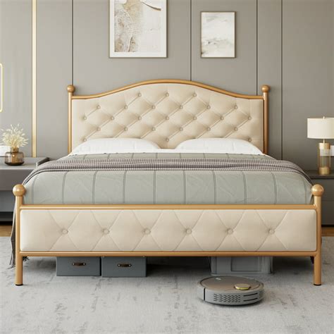 Homfa Full Size Bed Frame, Metal Tubular Platform Bed with Button ...