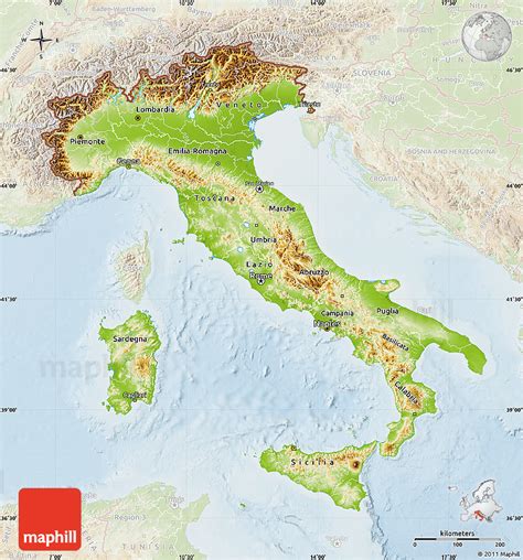 Physical Map of Italy, lighten