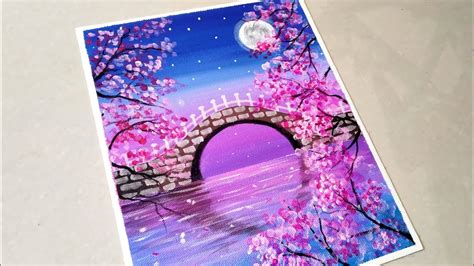 Beautiful Moonlight Cherry Blossom Bridge Scenery Painting for ...