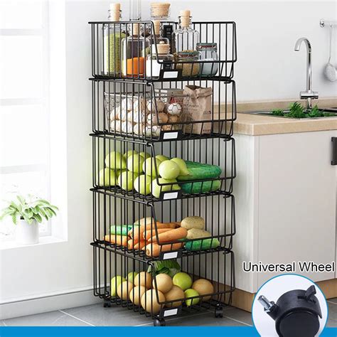 3/5 Tier Fruit Basket with Wheels, Metal Storage Cart Fruit Vegetable Basket Bins Wire Stackable ...