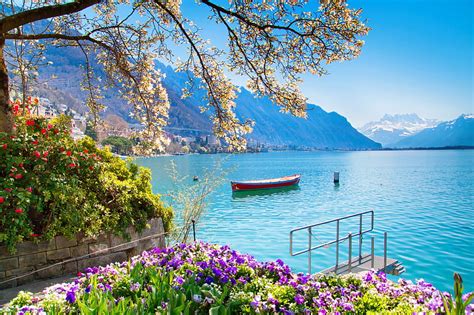 Spring in Switzerland, view, town, pier, bonito, Switzerland, spring, lake, freshness, HD ...